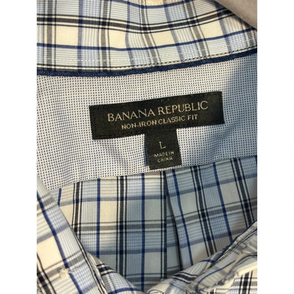Banana Republic Button Down Shirt Men L‎ Blue Plaid Non Iron Classic Cotton